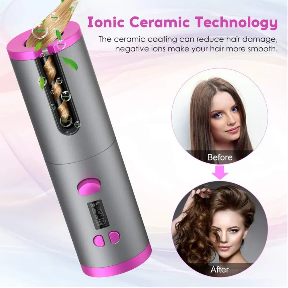 Hair Curler - Cordless Automatic Hair Curler Portable Curling Iron With LCD Temperature Display Fast Heating Auto Rotating Hair Curler USB Rechargeable For Travel Home, Grey and Pink