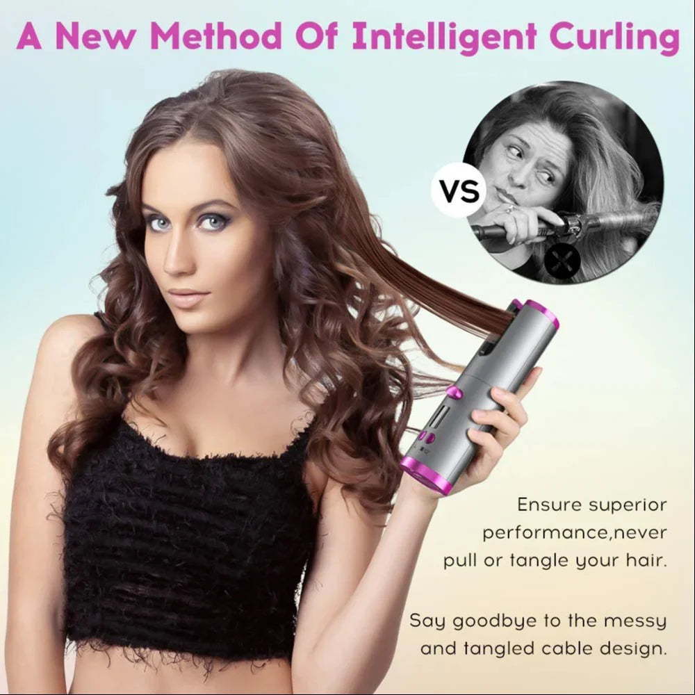 Hair Curler - Cordless Automatic Hair Curler Portable Curling Iron With LCD Temperature Display Fast Heating Auto Rotating Hair Curler USB Rechargeable For Travel Home, Grey and Pink